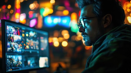 Male graphic designer at a computer, intense focus on the screen, colorful creative studio in the background with soft bokeh.