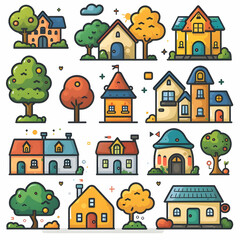 A collection of 16 hand-drawn, cute, and colorful illustrations of houses and trees. The illustrations are perfect for use in children's books, websites, or any project that needs a touch of whimsy.