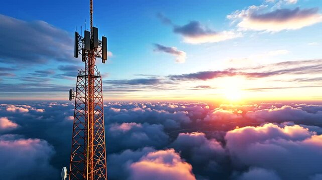 A soaring telecommunication tower with 5G smart antennas glints in the sunlight as puffy clouds drift by in the background