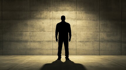 Obraz premium Silhouette of a lone figure outlined against a blank concrete wall in low lighting, capturing a sense of solitude and suspense.
