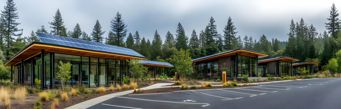 Neigbourhood Real Estate - Modern buildings with solar panels set in a natural landscape.