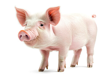 Pig standing on white background, domestic animal showing its pink skin