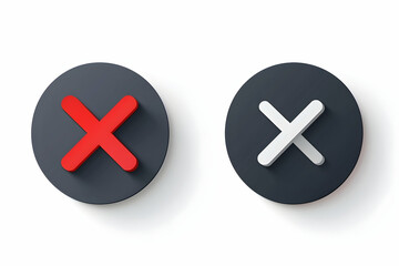Fototapeta premium Two round buttons with a cross symbol, one in red and one in white, on a grey background.