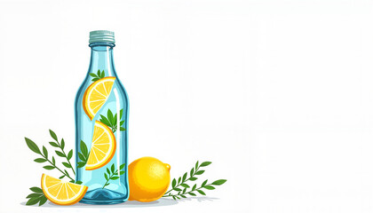 Refreshing homemade lemonade in a clear glass bottle with lemon slices and leaves on a clean white background