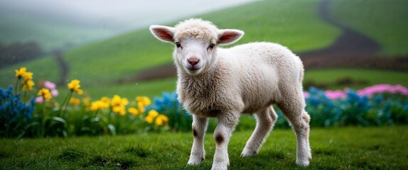 Fototapeta premium Adorable Lamb in a Green Pasture with Colorful Spring Flowers