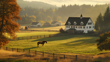 Neigbourhood Real Estate - A serene countryside scene featuring a horse grazing near a charming white farmhouse.