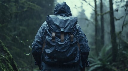 Fototapeta premium A person in rain gear stands in a wet forest with a droplet-covered waterproof backpack