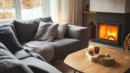 Fototapeta premium Cozy Living Room with Fireplace and Comfortable Sofa