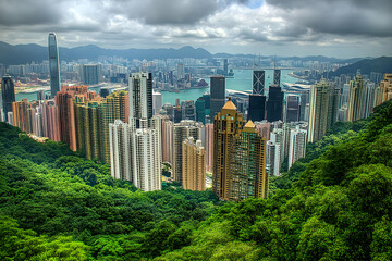 Fototapeta premium Neigbourhood Real Estate - A panoramic view of Hong Kong's skyline surrounded by lush greenery and mountains.