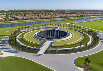 Neigbourhood Real Estate - Aerial view of a circular park with water features and landscaped green spaces.