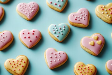 Colorful Heart-Shaped Cookies on Blue Surface