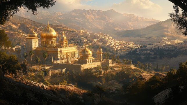 The golden facades of the ancient Beit Hamikdash temple shine under the sun, framed by Jerusalem hills, evoking history and spirituality