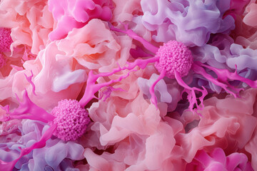 Fototapeta premium Artistic interpretation of breast cancer cells surrounded by colorful, flowing textures. vibrant pink and purple hues create striking visual representation of cellular structures