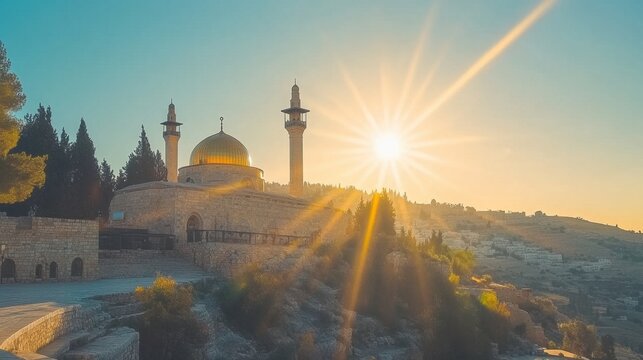 The sun-kissed golden facades of Beit Hamikdash rise from the hills of Jerusalem, emanating a timeless, sacred atmosphere
