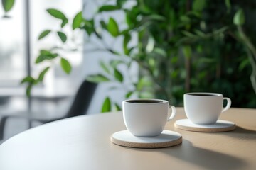 Two Cups of Coffee on a Table with Greenery