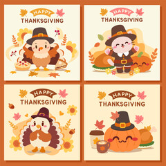 A cute set of Thanksgiving greeting cards featuring adorable cartoon characters like a turkey, cat, and pumpkin, all dressed in pilgrim attire and surrounded by autumn themed elements.