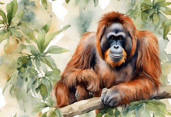 Obraz premium A watercolor painting of an orangutan with expressive eyes and detailed fur.