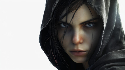 Intense portrait of a young woman with a piercing gaze, wearing a black hood against a bright background