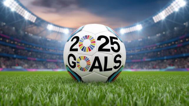 Soccer ball focused on 2025 goals, green field, stadium setting.