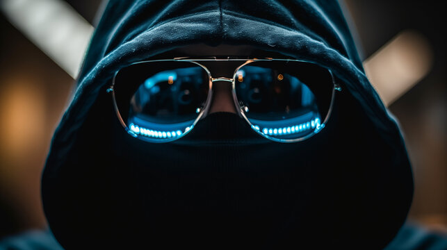 Mysterious hooded figure with reflective sunglasses illuminated by blue light in a dark setting - Powered by Adobe