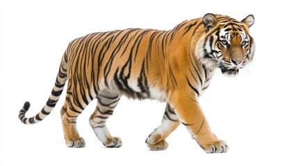 Naklejka premium A majestic tiger walking cautiously with its muscles rippling, isolated on a white background