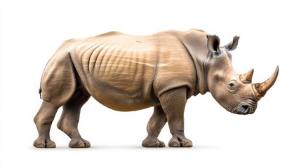 Obraz premium A massive rhinoceros with its horn prominently displayed, standing firmly, isolated on a white background