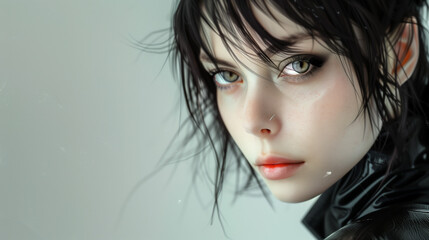 Close-up of a young woman with intense gaze, tousled dark hair, and natural beauty