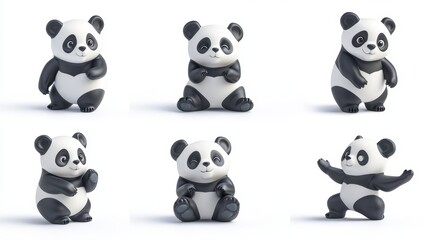 Fototapeta premium Six cute panda figurines in various poses, perfect for adding a touch of whimsy and charm to any space. They symbolize playfulness, friendship, and the beauty of nature.