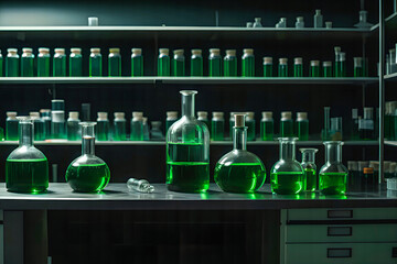 A laboratory workbench features beakers filled with green liquid.
