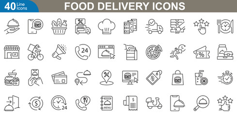 Food delivery icons set. Delivery, online ordering, application, fast food, restaurant, bag, contactless, takeaway and more. vector illustrator.