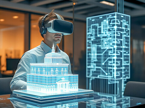 Architect Experiencing Modern Architectural Design with VR Headset