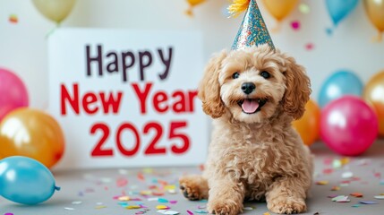 Puppy party hat sitting banner confetti celebrating joyful event holiday scene