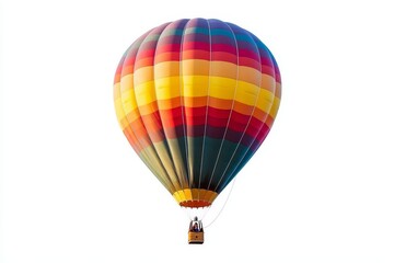 Fototapeta premium A vibrant hot air balloon with colorful stripes ascends gracefully against a clear sky, symbolizing adventure, freedom, travel, and the pursuit of dreams.