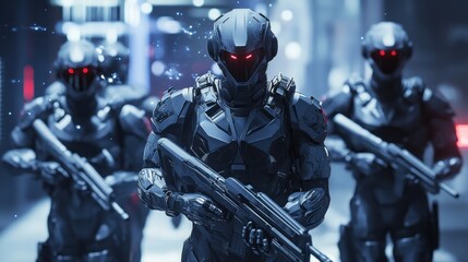 Naklejka premium Futuristic Soldiers in Urban Setting
