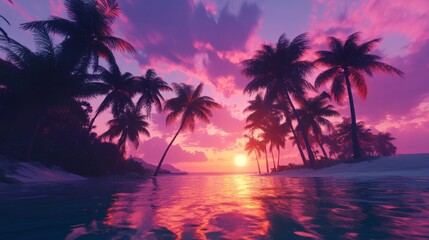 Obraz premium A vibrant 3D scene of a coastal sunset with silhouettes of palm trees, capturing the beauty of nature at twilight