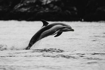 Fototapeta premium A black and white silhouette of a dolphin jumping gracefully out of the water, showcasing the elegance and power of these marine mammals.