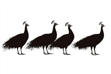Obraz premium A striking silhouette of four peacocks standing in a row, symbolizing unity, grace, elegance, pride, and beauty.