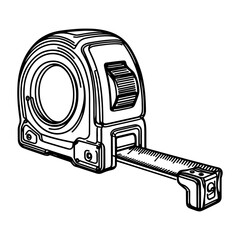 Construction tape measure, in one-line drawing, figure outline, multiple bold line drawing, white background, minimalistic