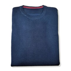 folded blue crew neck merino wool sweater, isolated on white background
