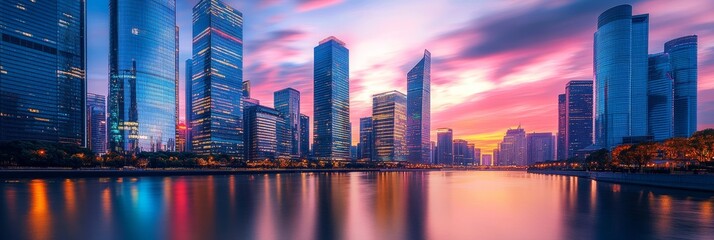 Naklejka premium A mesmerizing view of a futuristic cityscape at sunset, with illuminated skyscrapers reflecting in the water. The scene evokes a sense of progress, modernity, and urban life.