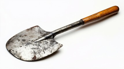 A shovel with a wooden handle and metal blade, isolated on a white background