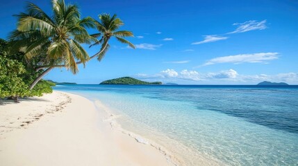 Naklejka premium Scenic view of a tropical beach on the Mamanuca Islands, with palm trees, white sands, and crystal-clear lagoon waters. No people included.