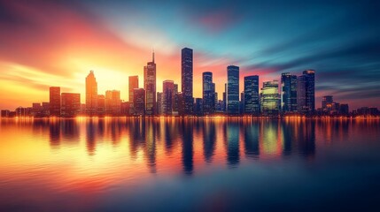 Fototapeta premium A captivating sunset casts a warm glow over a futuristic cityscape, illuminating towering skyscrapers that reflect in the calm water, symbolizing progress, technology, and urban development.