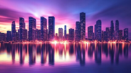Fototapeta premium A mesmerizing futuristic cityscape with illuminated skyscrapers reflecting on a tranquil water surface, showcasing a vibrant sunset with pink and purple hues, symbolizing progress, innovation, and urb