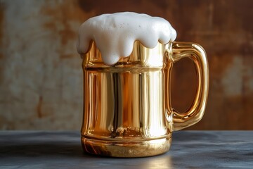A golden beer mug with a perfect head of foam, symbolizing celebration, refreshment, relaxation, good times, and enjoyment.