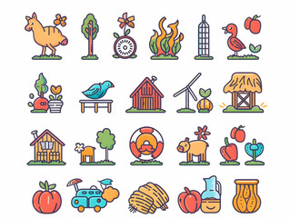 Obraz premium A set of 24 colorful outline icons representing various farm animals, plants, fruits, vegetables, buildings, and other items related to farm life.