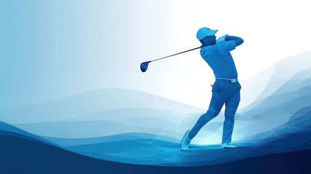 Silhouette of a golfer in mid-swing, with an abstract blue background.