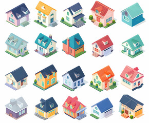 Collection of 20 colorful isometric houses with different styles.
