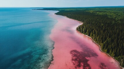 Obraz premium Hiller Lakes pastel pink waters meeting a strip of green forest and the deep blue of the ocean. No people included.