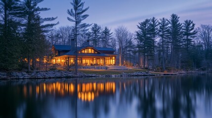 Fototapeta premium A modern cozy lakefront cabin with large windows overlooking a calm lake, surrounded by tall trees under a twilight sky. The home features a warm inviting interior with natural light.